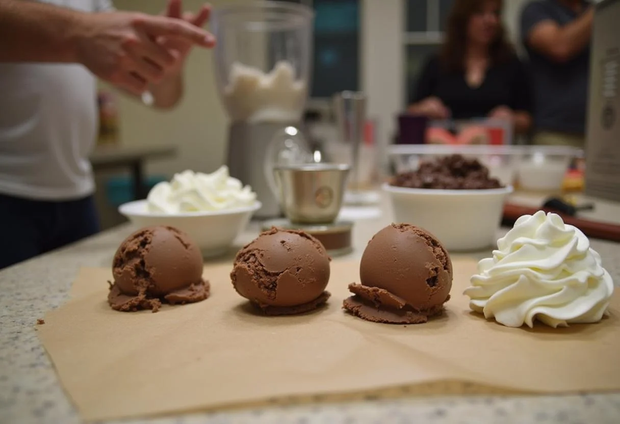 Ingredients for Riverdale Pop's Chock'lit Shoppe Milkshakes including chocolate ice cream and milk on a kitchen counter.