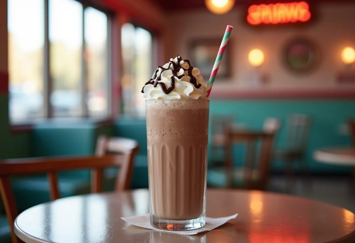 Delicious Riverdale Pop's Chocklit Shoppe Milkshake topped with whipped cream and chocolate syrup in a diner-style setting.