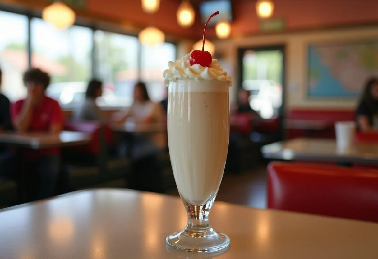 Garnishing Riverdale Pop's Chock'lit Shoppe Milkshake with a cherry in a vintage diner ambiance.