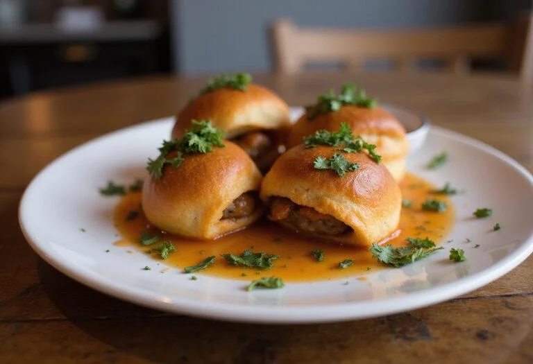 Delicious and visually appealing Riverdale Southside Serpents Spicy Sausage plant-based Rolls served with herbs and sauce, showcasing a tasty vegan dish.