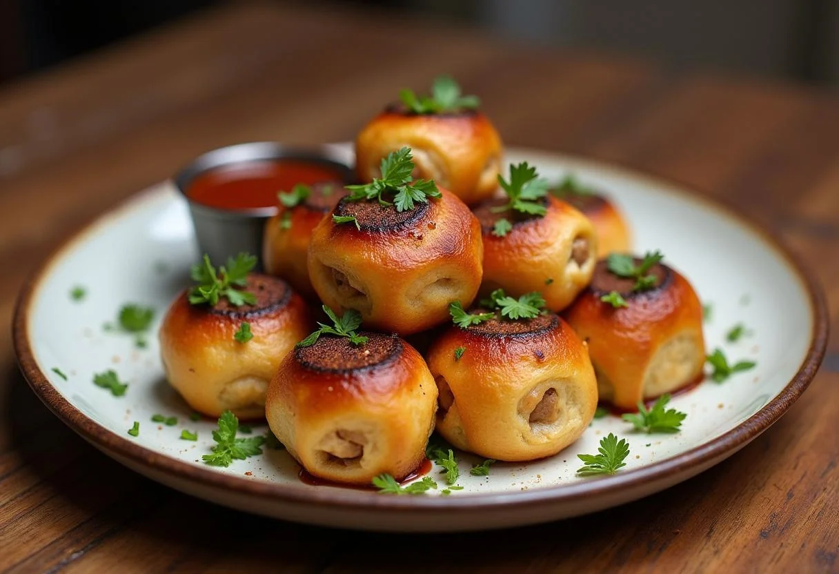 Delicious and visually appealing Riverdale Southside Serpents Spicy Sausage plant-based Rolls served with herbs and sauce, showcasing a tasty vegan dish.