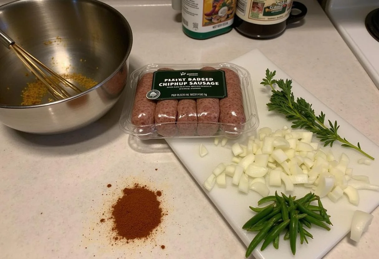 Preparation of Riverdale Southside Serpents Spicy Sausage plant-based Rolls ingredients with plant-based sausage, spices, and vegetables on a kitchen countertop.