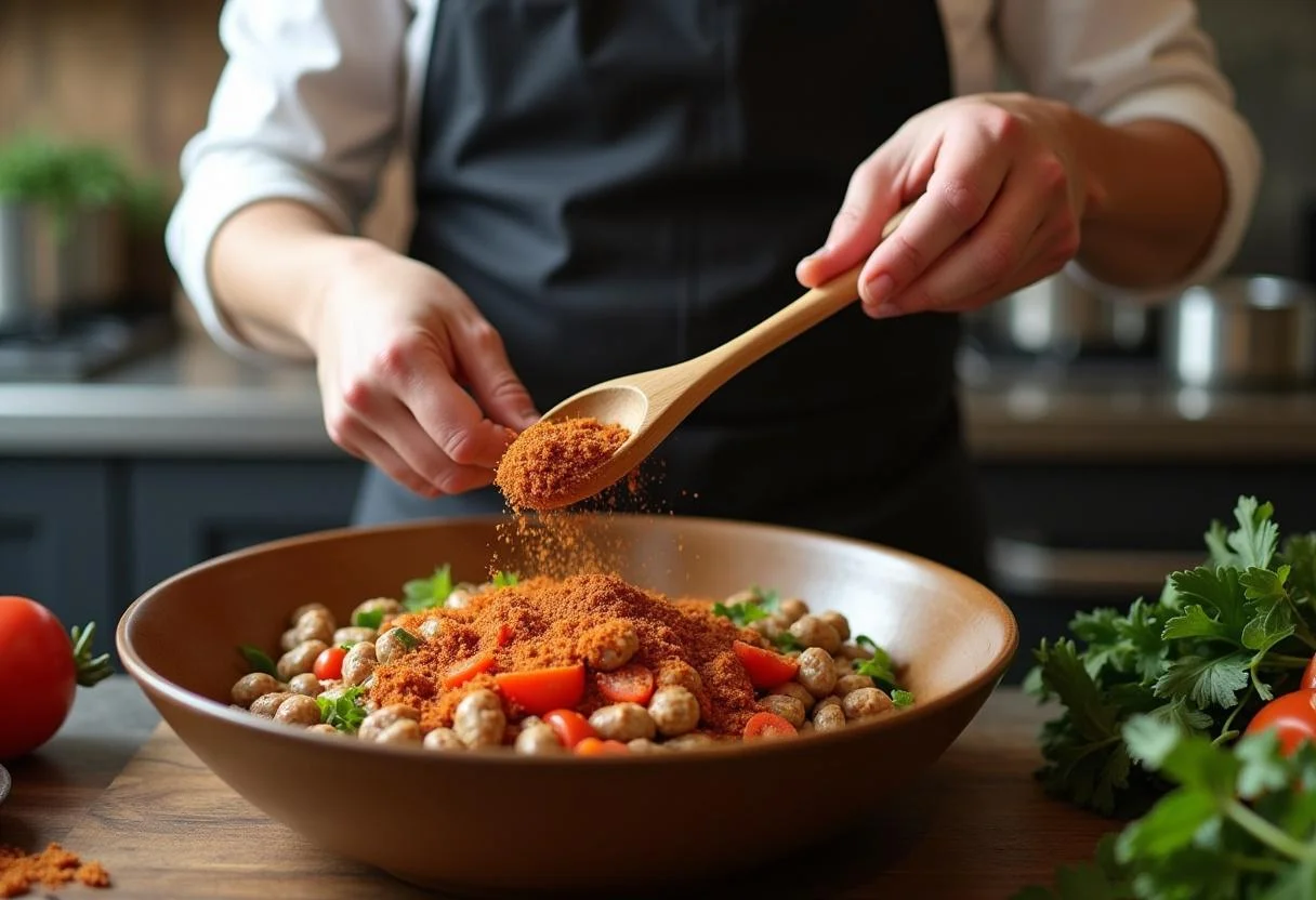 Mixing the flavorful ingredients for Riverdale Southside Serpents Spicy Sausage plant-based Rolls with spices, onions, and peppers for a delicious vegan treat.