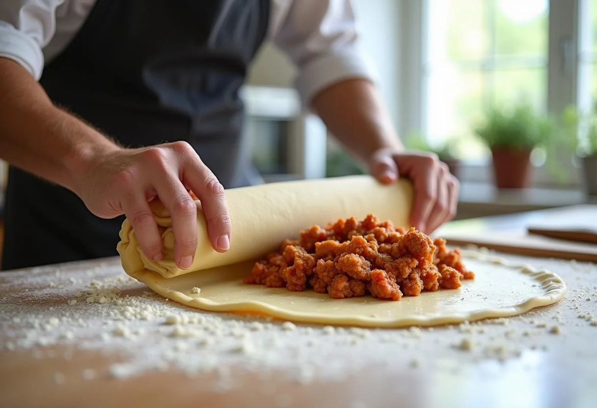 Preparing the dough for Riverdale Southside Serpents Spicy Sausage plant-based Rolls as the chef rolls out pastry on a floured surface, ready to be filled.