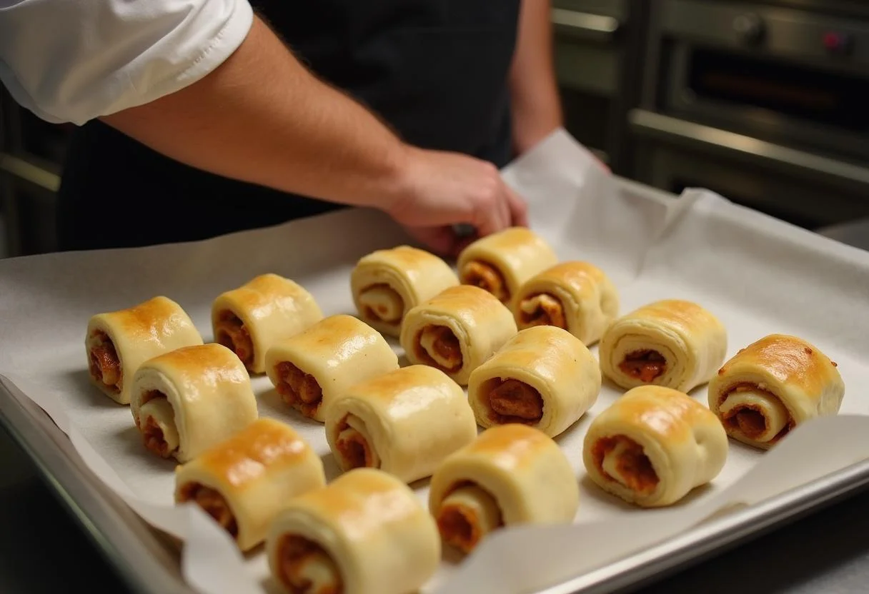 Assembling Riverdale Southside Serpents Spicy Sausage plant-based Rolls on a baking tray, ready to bake for a tasty vegan snack.