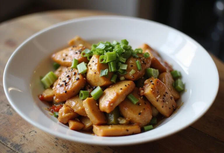 Serving a delicious bowl of Rush Chris Hemsworth's Champion Chicken Stir-fry, showcasing the vibrant colors and appetizing garnishes for an enticing meal.