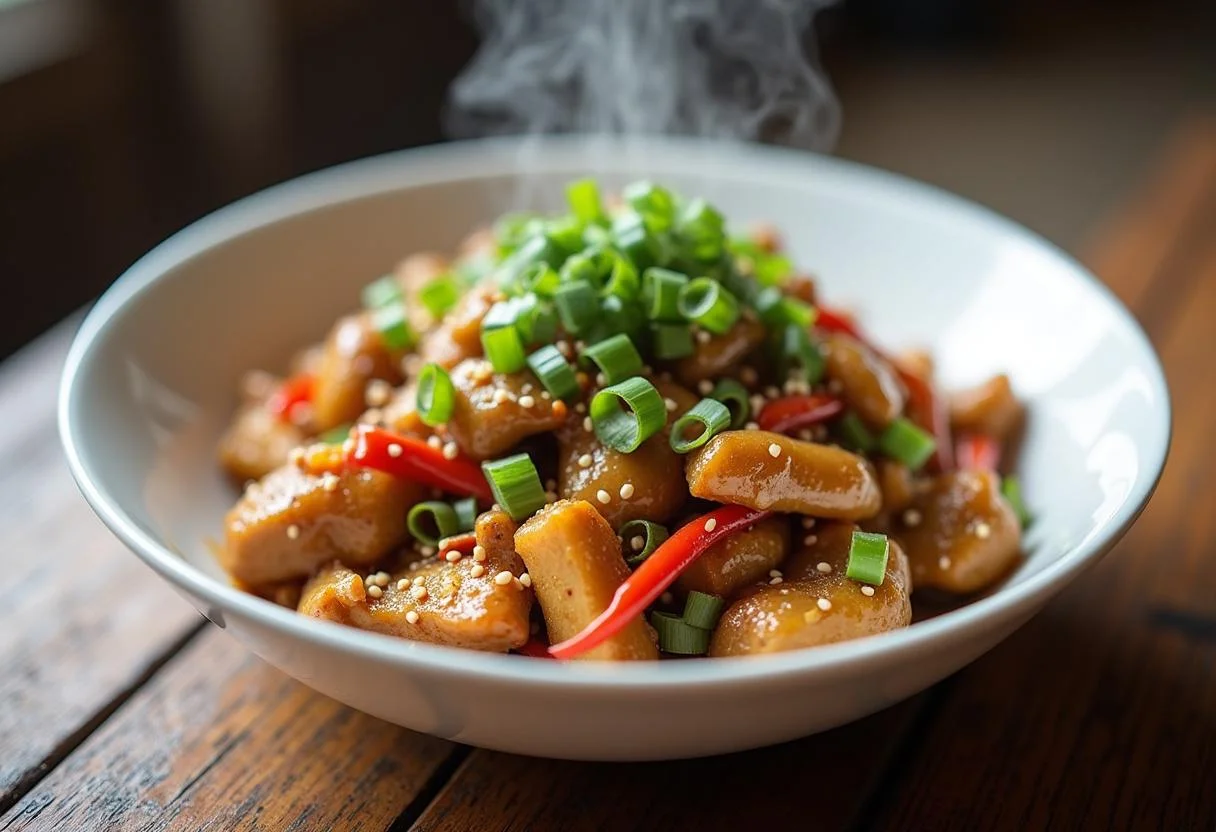 Serving a delicious bowl of Rush Chris Hemsworth's Champion Chicken Stir-fry, showcasing the vibrant colors and appetizing garnishes for an enticing meal.