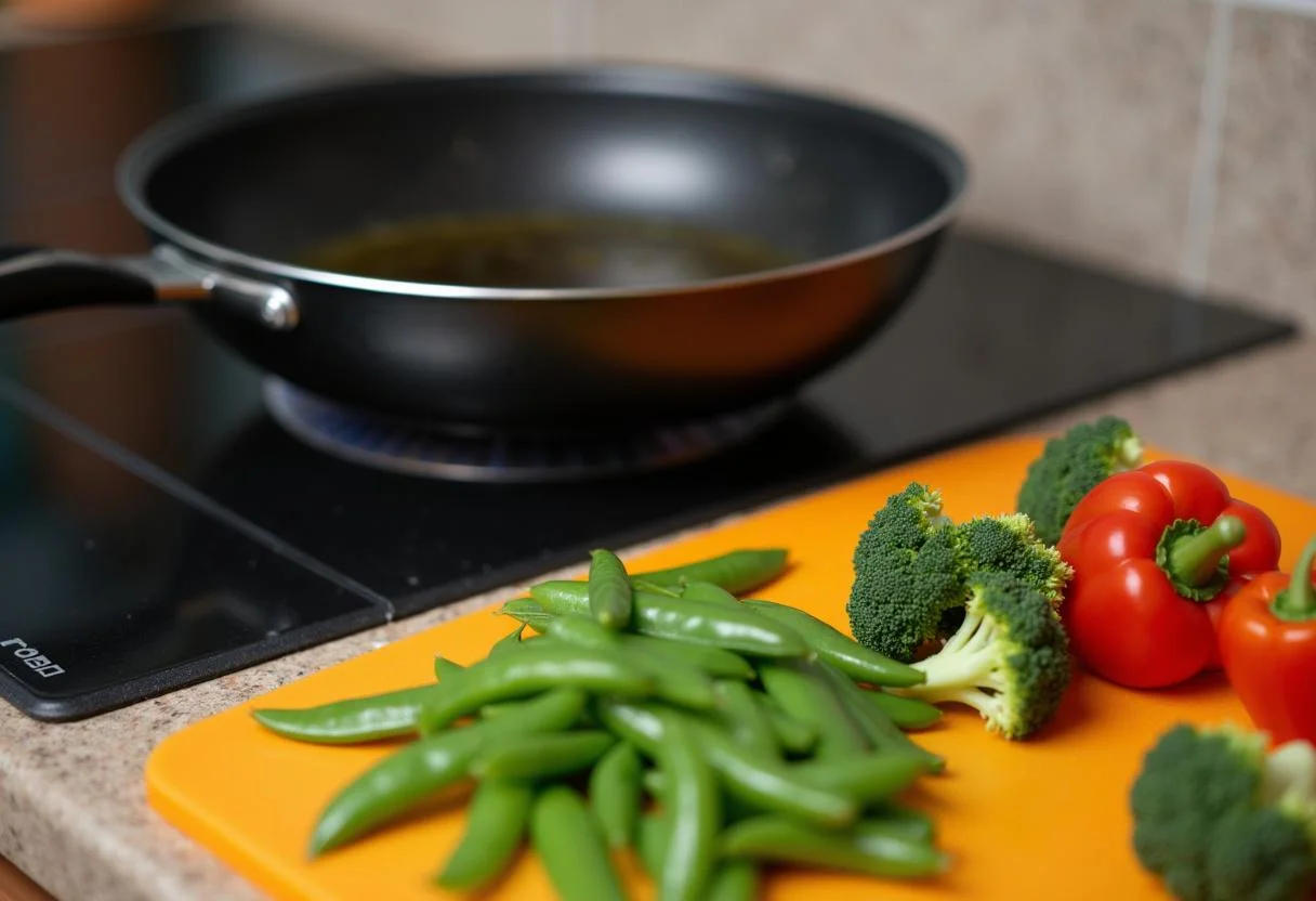 Preparing vegetables for Rush Chris Hemsworth's Champion Chicken Stir-fry on the cutting board with vibrant bell peppers, broccoli, and snap peas.