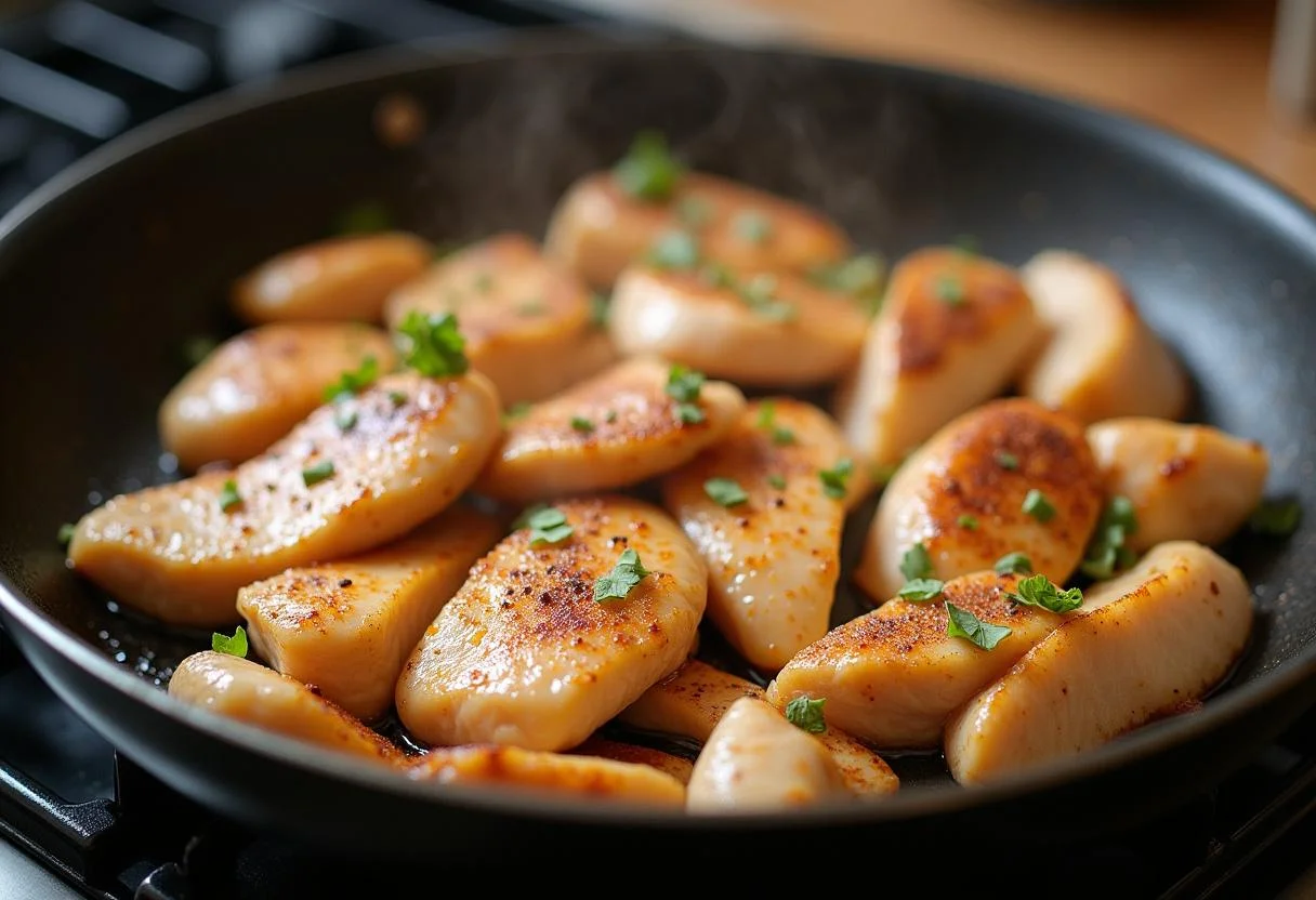 Cooking seasoned chicken breast in a skillet for Rush Chris Hemsworth's Champion Chicken Stir-fry, showcasing the golden browning process with garlic and ginger.