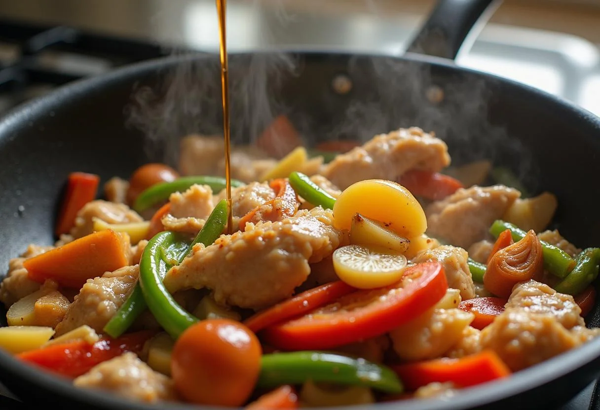 Mixing sautéed vegetables with chicken in a skillet for Rush Chris Hemsworth's Champion Chicken Stir-fry, with soy sauce and sesame oil being poured in.