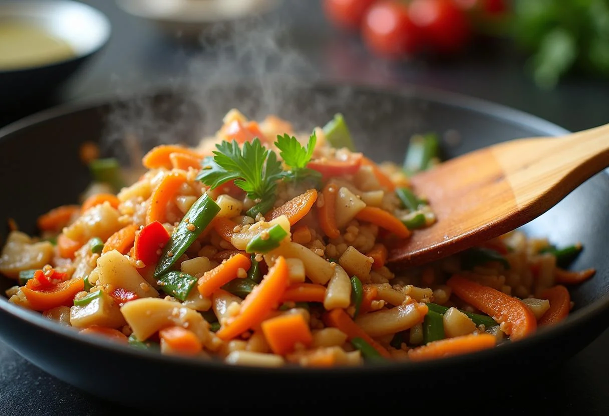 Tossing the Rush Chris Hemsworth's Champion Chicken Stir-fry in a skillet, capturing the vibrant mix of chicken and vegetables with a wooden spatula.
