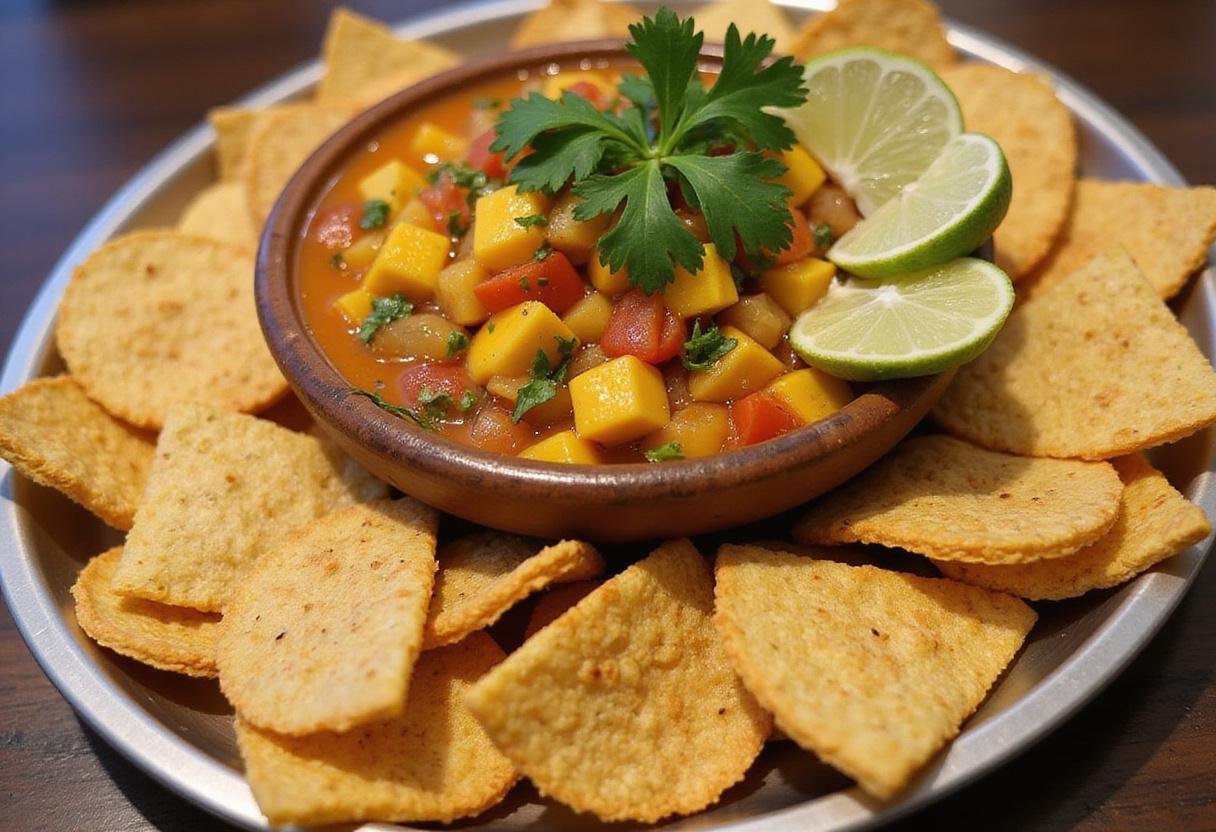 Delicious final presentation of Selena Jennifer Lopez's Spicy Mango Salsa with crispy plantain chips, designed for a vibrant and appetizing look.