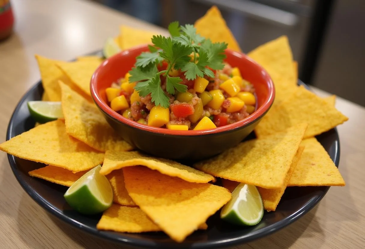 Delicious final presentation of Selena Jennifer Lopez's Spicy Mango Salsa with crispy plantain chips, designed for a vibrant and appetizing look.