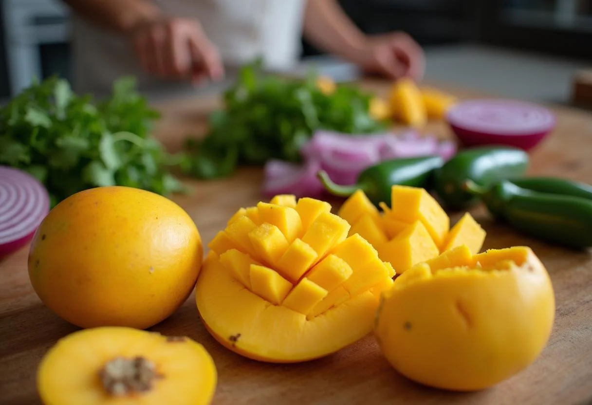 Fresh ingredients for Selena Jennifer Lopez's Spicy Mango Salsa, featuring ripe mangoes, jalapeños, red onions, and cilantro on a kitchen counter.
