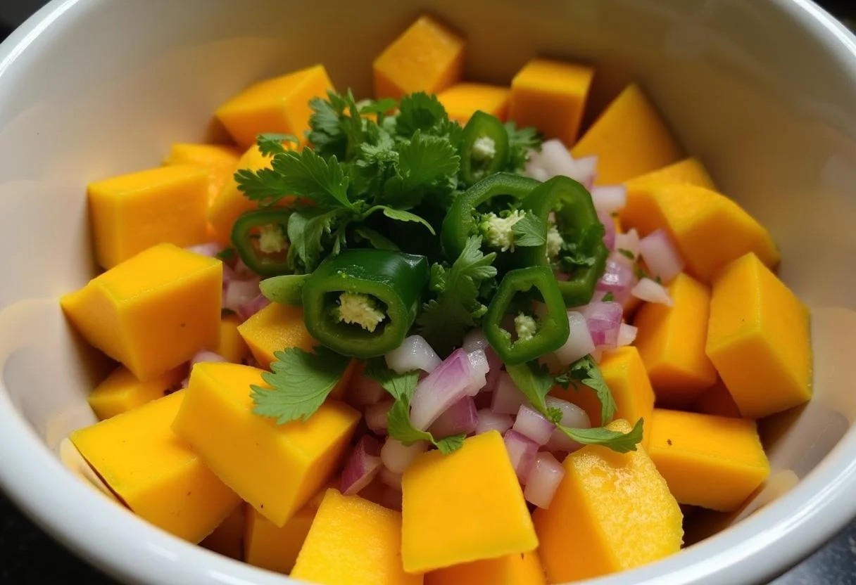 Mixing colorful ingredients for Selena Jennifer Lopez's Spicy Mango Salsa, showcasing vibrant mangoes, red onions, and jalapeños in a bowl.