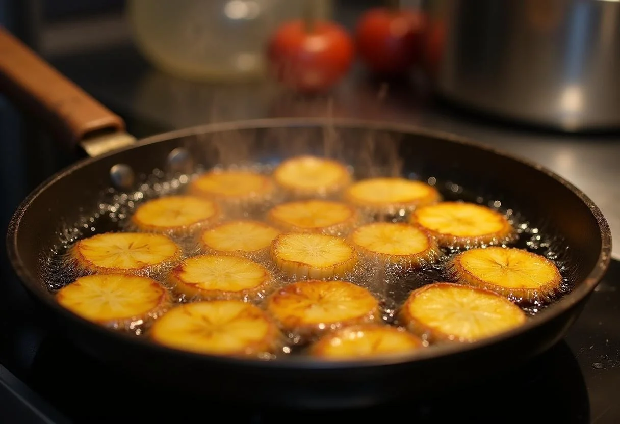 Frying plantain chips to perfection for Selena Jennifer Lopez's Spicy Mango Salsa, capturing the golden crispy texture in a cooking scene.