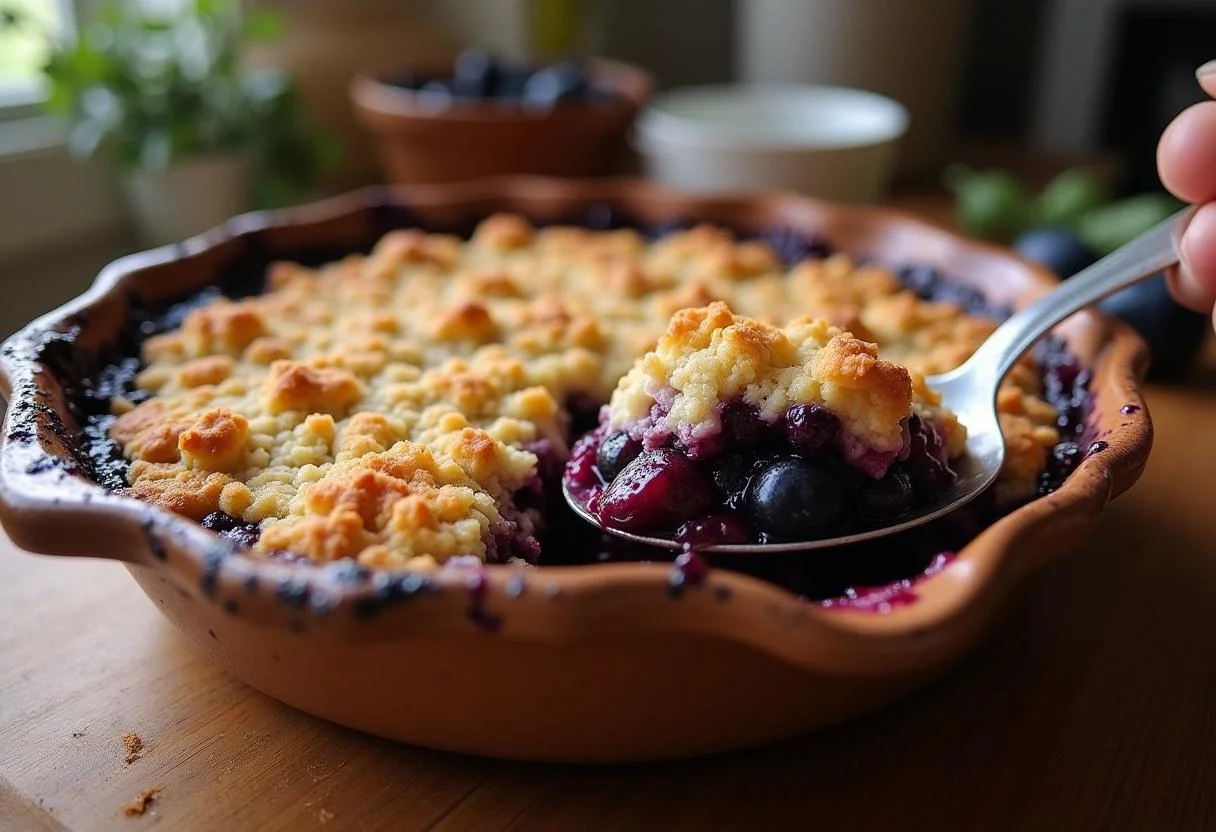 Deliciously baked Shrek Fairy Godmother's Bibbidi-Bobbidi Boo Berry Crumble, ready to serve