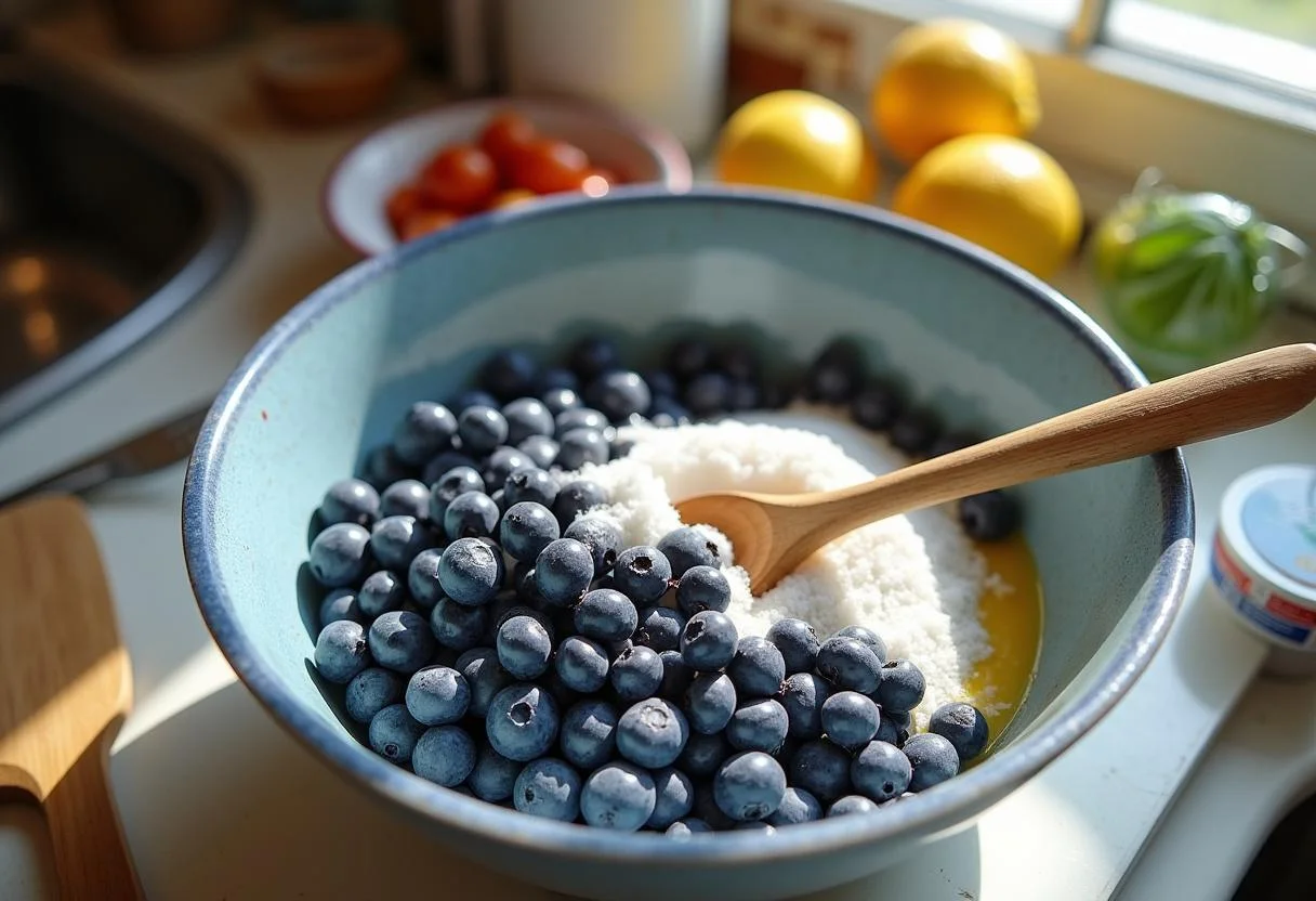 Fresh blueberries being mixed with sugar and lemon juice for Shrek Fairy Godmother's Bibbidi-Bobbidi Boo Berry Crumble