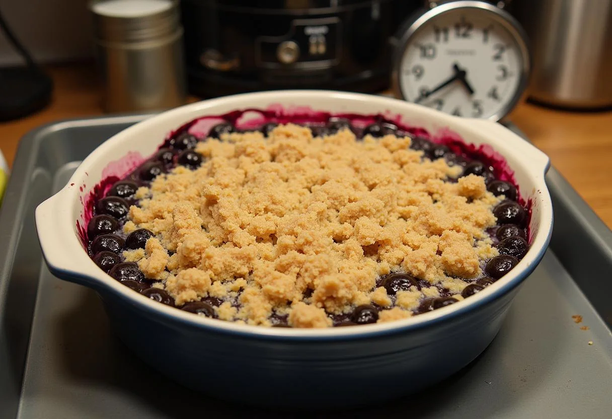 Preparing the blueberry crumble for baking, a key step for Shrek Fairy Godmother's Bibbidi-Bobbidi Boo Berry Crumble