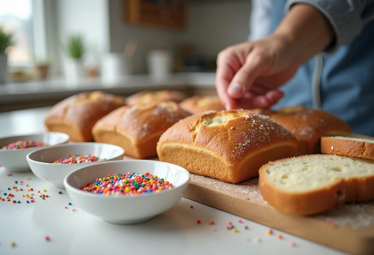 Step two of Shrek Fiona's Far Far Away Fairy Bread preparation: vibrant sprinkles ready to create a magical treat in a whimsical kitchen.