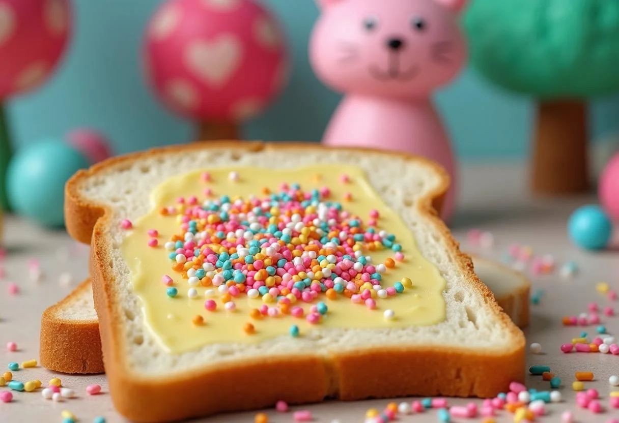 Step three of Shrek Fiona's Far Far Away Fairy Bread creation: a sprinkle-covered slice of bread ready to bring joy and sweetness.