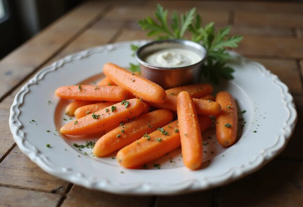 Final presentation of Shrek Pinocchio's Growing Nose Carrot Sticks, showcasing a healthy snack perfect for kids, served with a delicious dip.