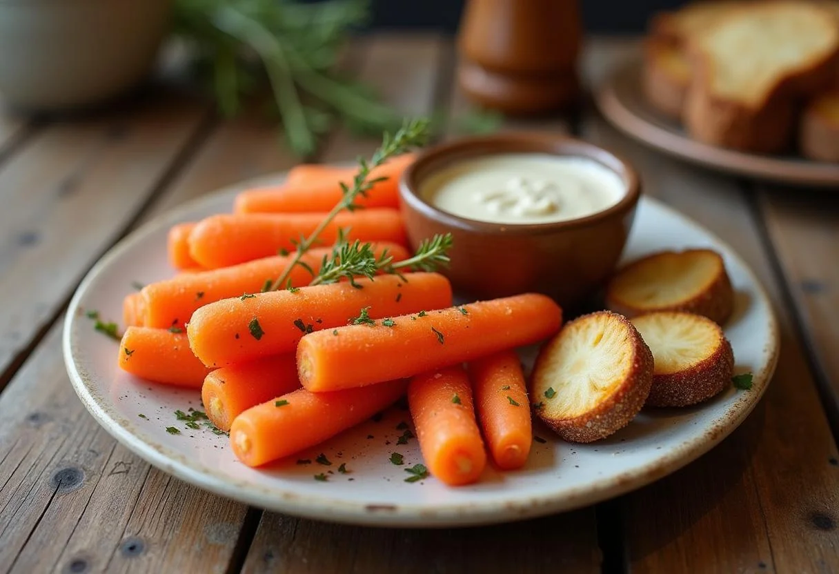 Final presentation of Shrek Pinocchio's Growing Nose Carrot Sticks, showcasing a healthy snack perfect for kids, served with a delicious dip.