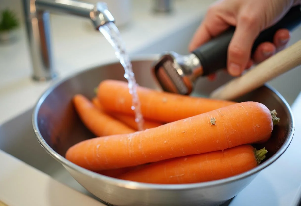 Fresh carrots being washed in preparation for Shrek Pinocchio's Growing Nose Carrot Sticks recipe, showcasing vibrant and healthy ingredients.