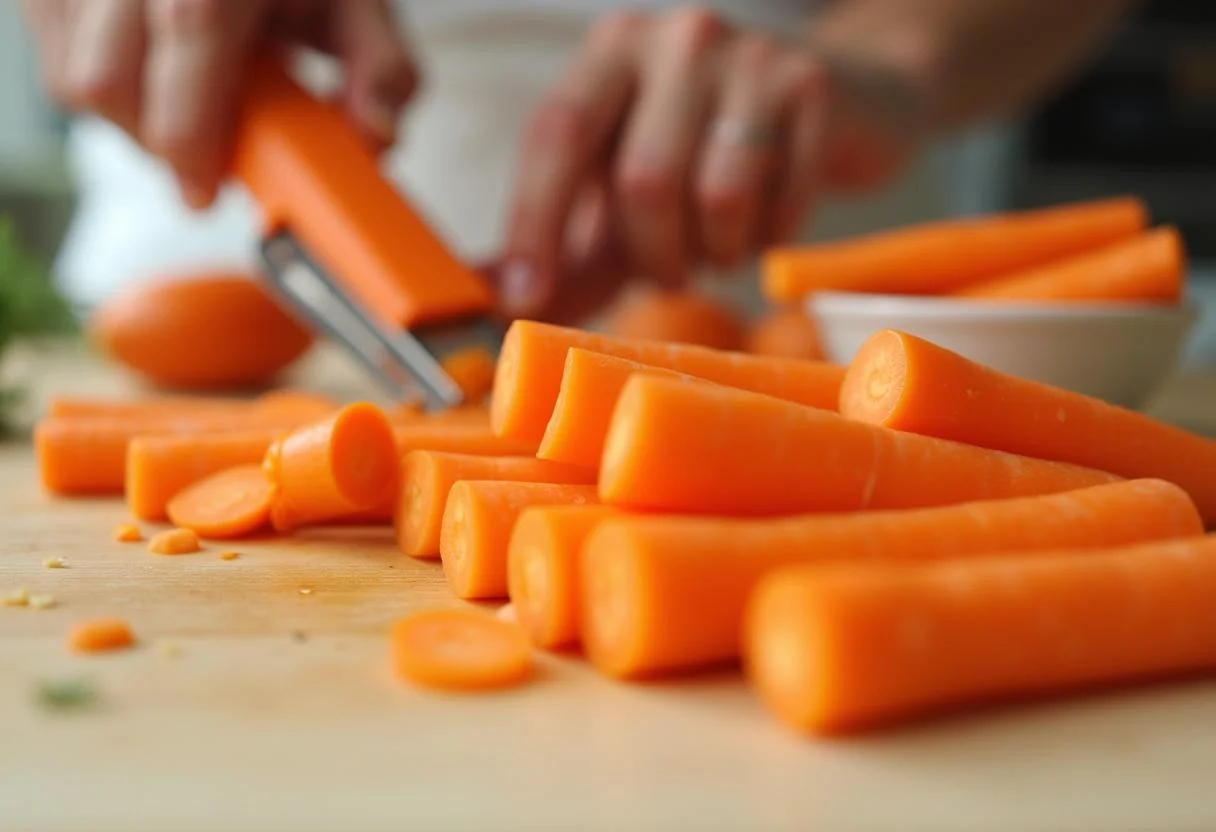 Peeled carrots ready for Shrek Pinocchio's Growing Nose Carrot Sticks, displaying the process of creating healthy snacks from fresh vegetables.