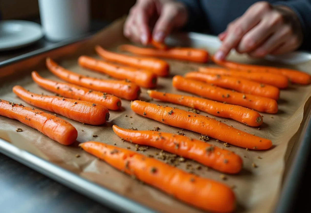 Seasoned carrot sticks on a baking sheet for Shrek Pinocchio's Growing Nose Carrot Sticks, illustrating the final steps before baking.