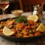 Elegant presentation of Shrek Puss in Boots' Purr-fect Paella vegetarian, garnished with lemon and herbs, perfect for a magnificent meal.
