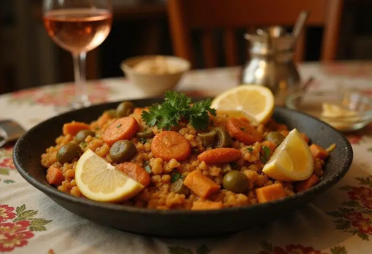 Elegant presentation of Shrek Puss in Boots' Purr-fect Paella vegetarian, garnished with lemon and herbs, perfect for a magnificent meal.
