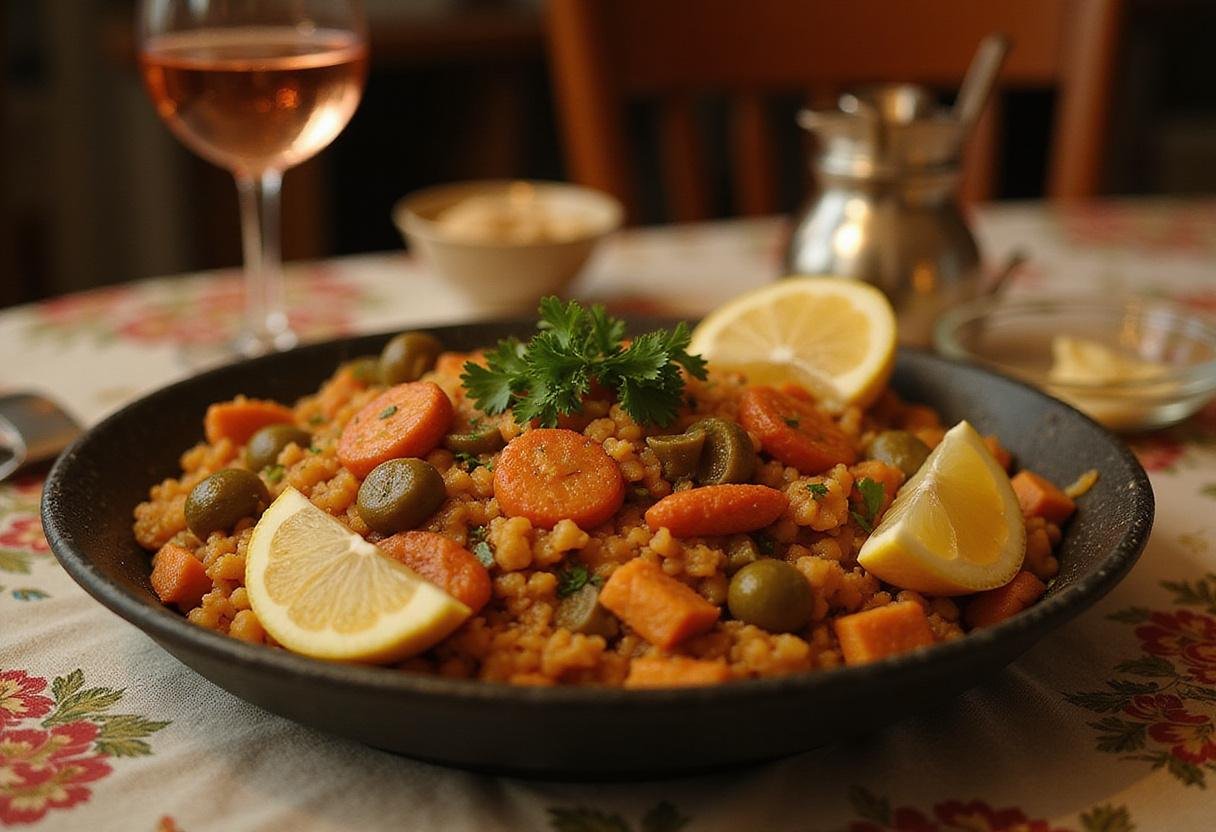 Elegant presentation of Shrek Puss in Boots' Purr-fect Paella vegetarian, garnished with lemon and herbs, perfect for a magnificent meal.