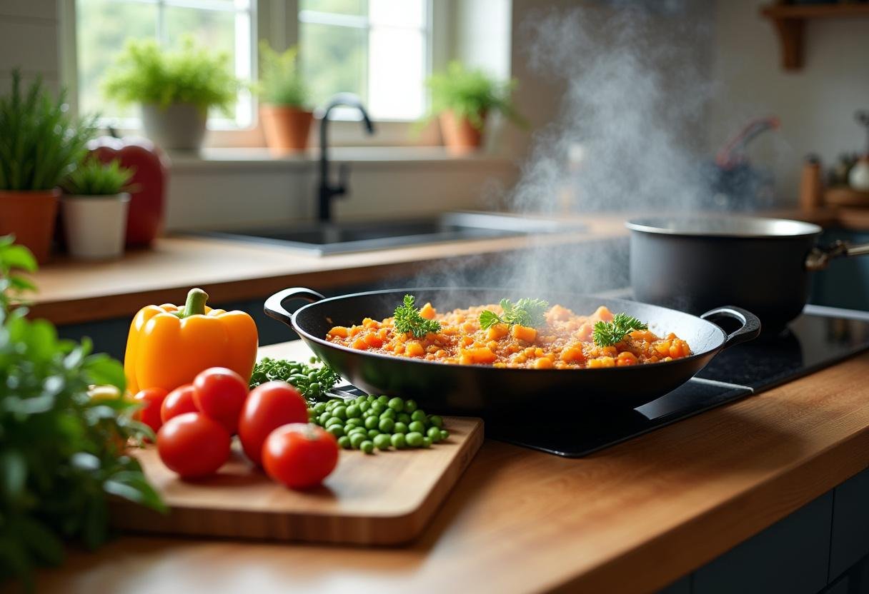 Fresh vegetables for Shrek Puss in Boots' Purr-fect Paella vegetarian displayed in a bright kitchen setting.