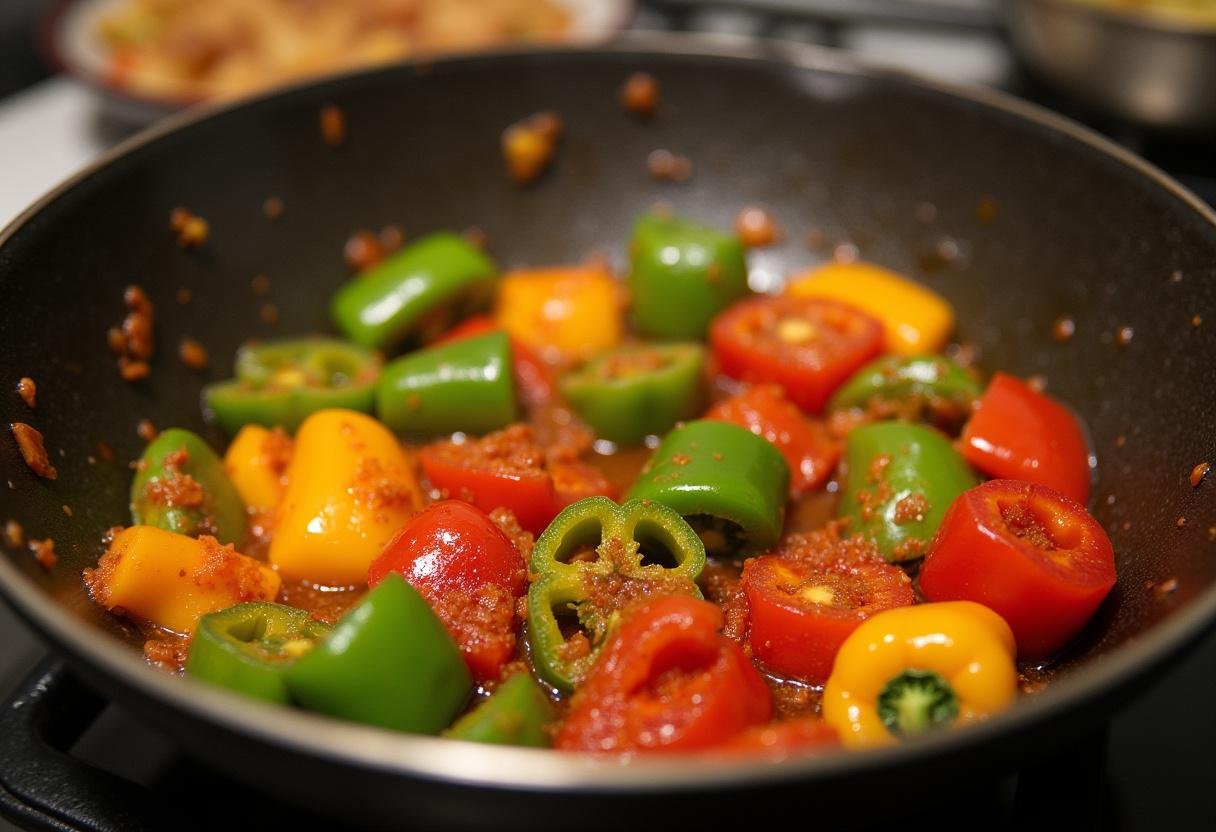 Sautéing vibrant vegetables for Shrek Puss in Boots' Purr-fect Paella vegetarian, filling the kitchen with delightful aromas.