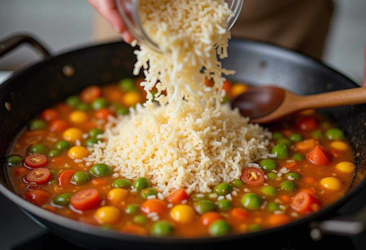 Rice added to the mix for Shrek Puss in Boots' Purr-fect Paella vegetarian, combining flavors in a simmering pot.