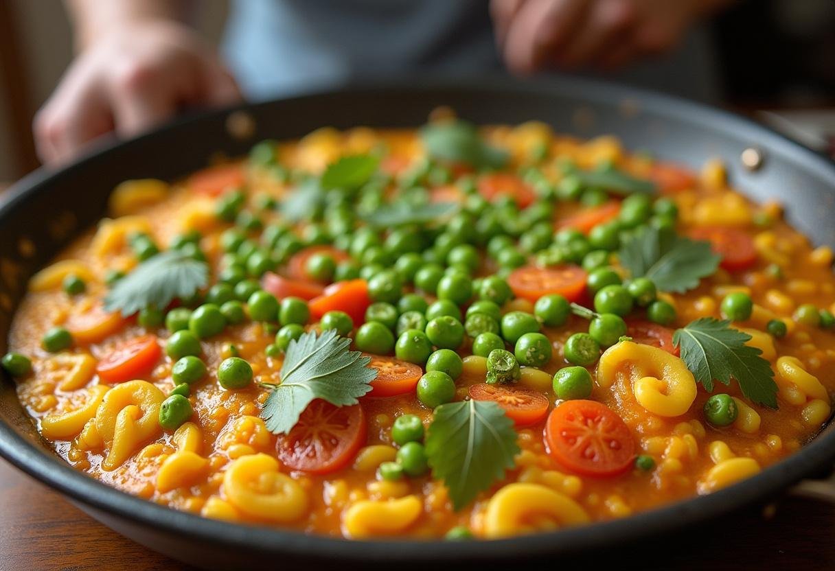 Deliciously decorated Shrek Puss in Boots' Purr-fect Paella vegetarian topped with herbs, ready to be enjoyed.