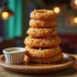 The final presentation of Shrek's Ogre Onion Ring Tower, highlighting layers of crispy onion rings served with a tasty dipping sauce.