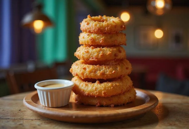 The final presentation of Shrek's Ogre Onion Ring Tower, highlighting layers of crispy onion rings served with a tasty dipping sauce.