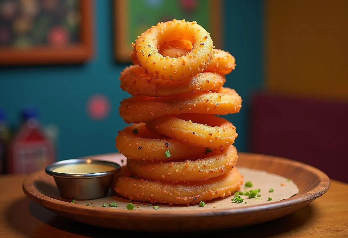 The final presentation of Shrek's Ogre Onion Ring Tower, highlighting layers of crispy onion rings served with a tasty dipping sauce.