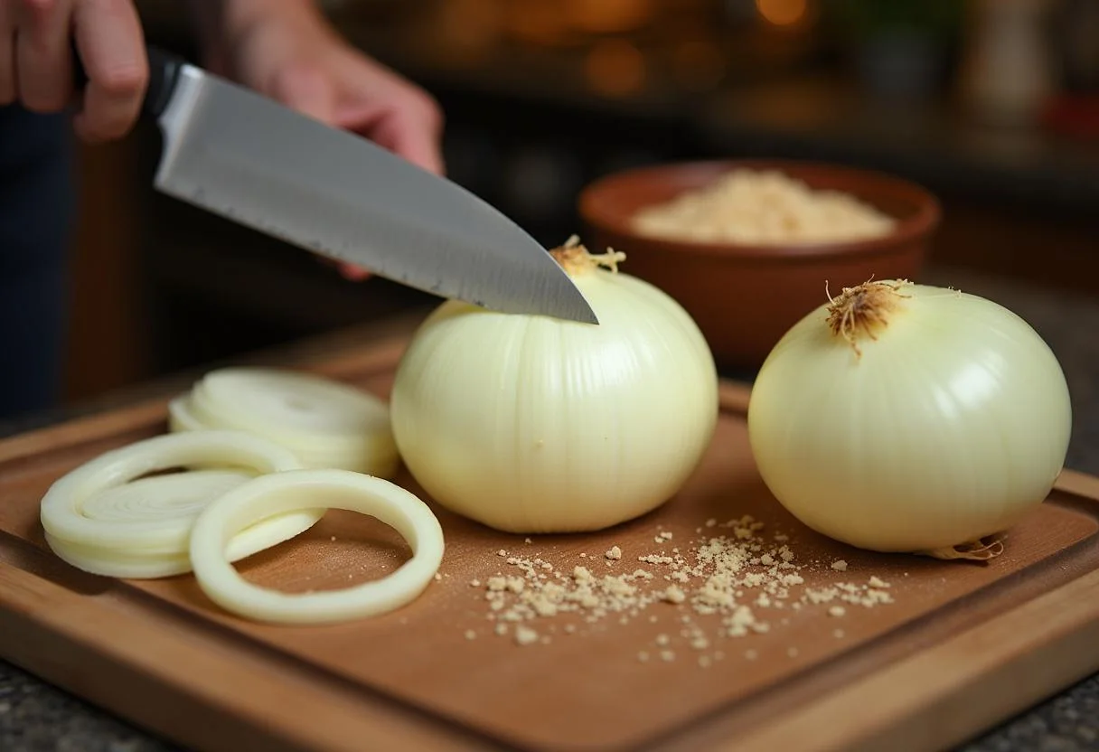Preparing Shrek's Ogre Onion Ring Tower with fresh onions sliced into thick rings on a cutting board.