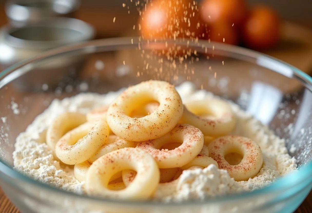 Coating onion rings in seasoned flour for Shrek's Ogre Onion Ring Tower, ensuring a crispy texture.