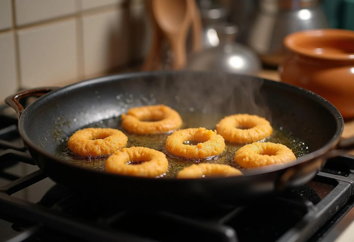 Frying onion rings for Shrek's Ogre Onion Ring Tower in hot oil, creating a crispy, golden texture.