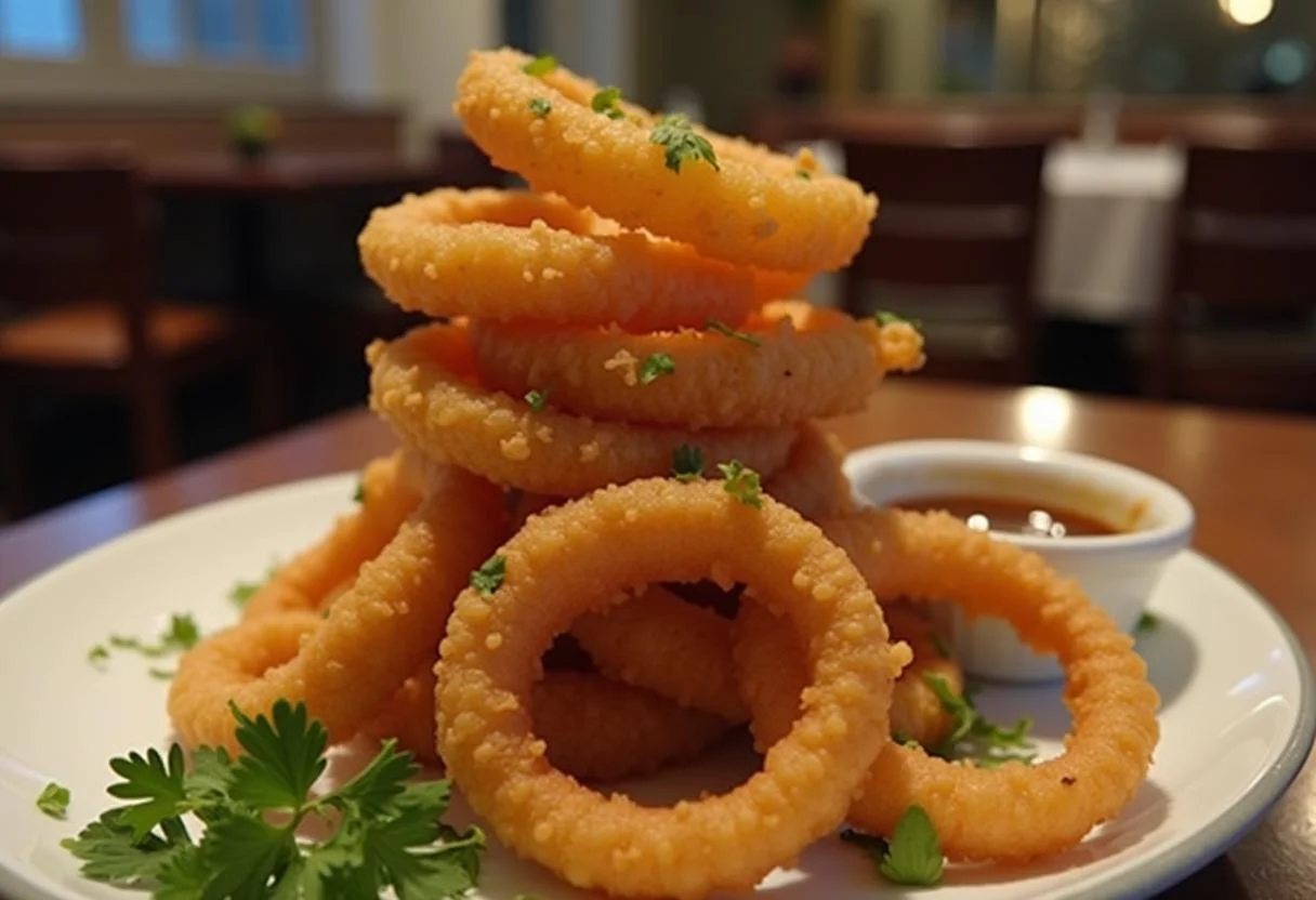 Assembling Shrek's Ogre Onion Ring Tower with crispy onion rings and a flavorful dipping sauce for a delicious presentation.
