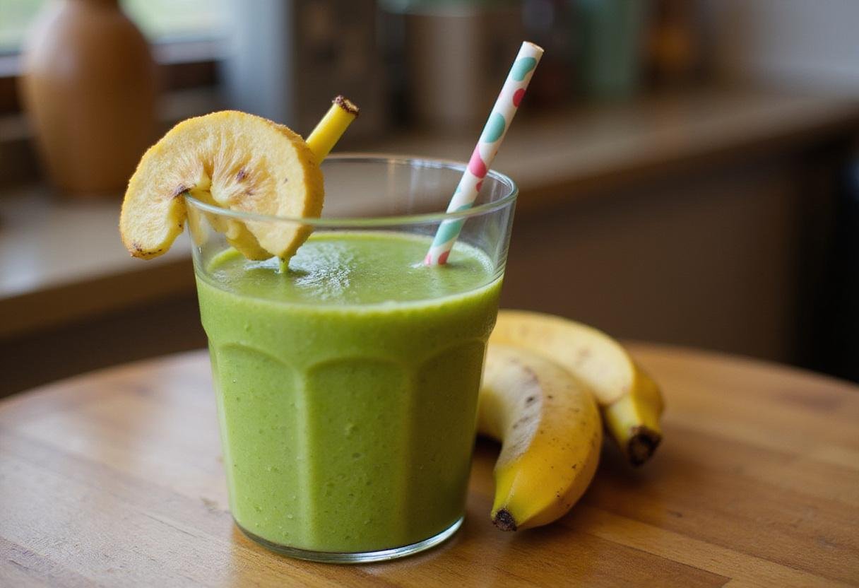 Final presentation of Shrek's Swamp Green Smoothie in a glass on a wooden table, highlighting its vibrant green color and decorative banana slice and straw.