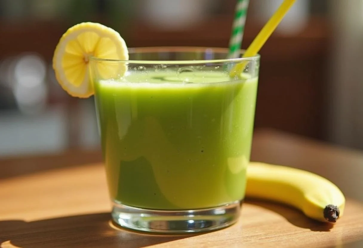 Final presentation of Shrek's Swamp Green Smoothie in a glass on a wooden table, highlighting its vibrant green color and decorative banana slice and straw.