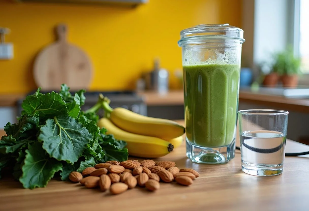 Fresh ingredients for Shrek's Swamp Green Smoothie on a wooden countertop, showcasing vibrant spinach, kale, bananas, and almonds in a colorful kitchen.