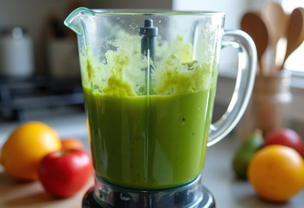 Blender in action making Shrek's Swamp Green Smoothie, as the fresh greens blend into a vibrant mixture, surrounded by kitchen utensils and fruit.
