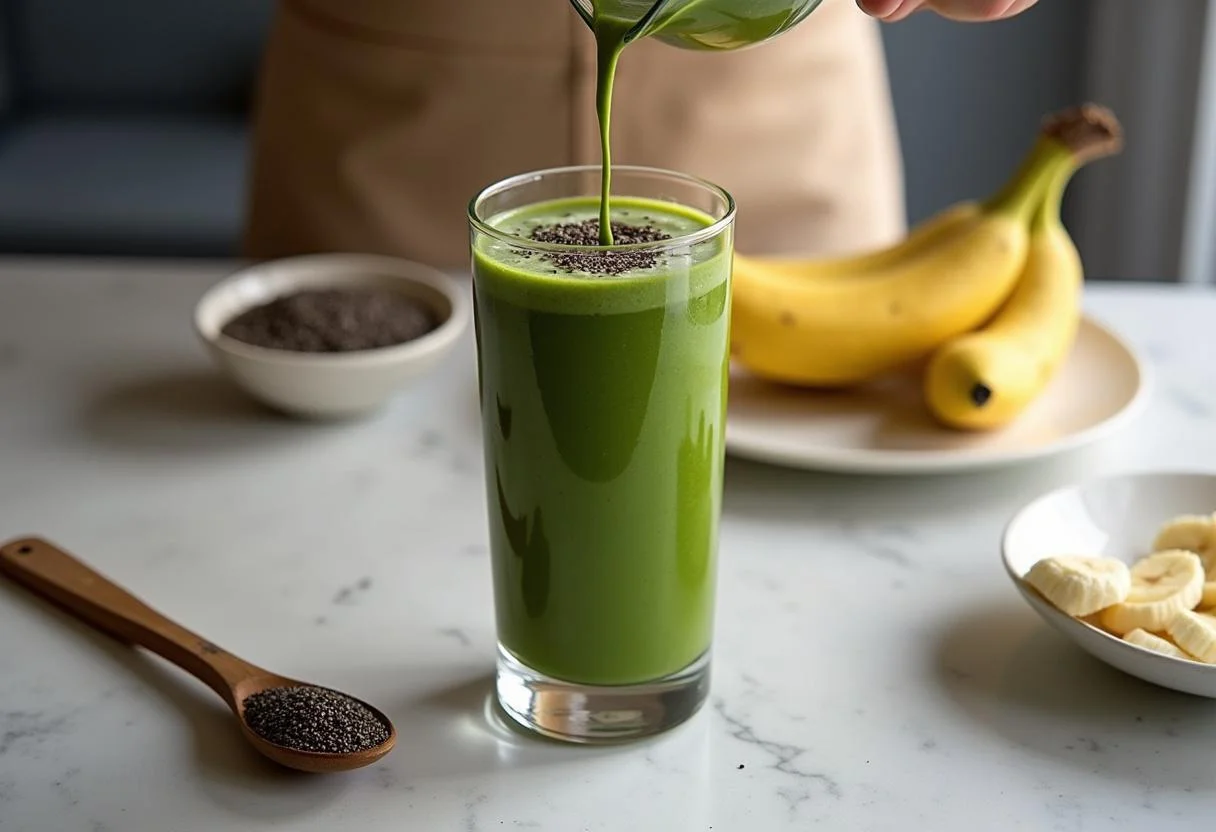 Pouring Shrek's Swamp Green Smoothie into a tall glass, enhancing the green color with healthy toppings like chia seeds and a slice of banana for garnishing.