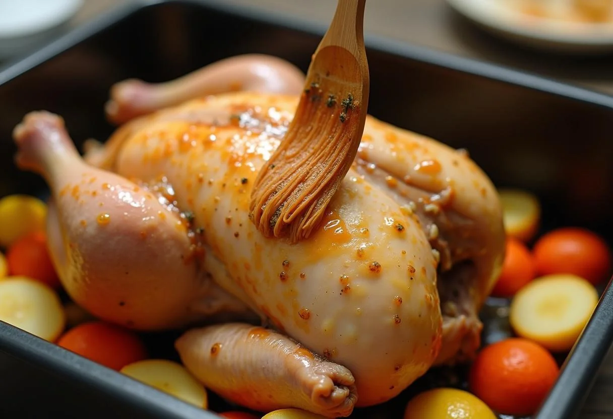 Chicken being prepared for roasting in Silver Linings Playbook Jennifer Lawrence's Tiffany's Comfort Chicken, surrounded by colorful vegetables ready for the oven.